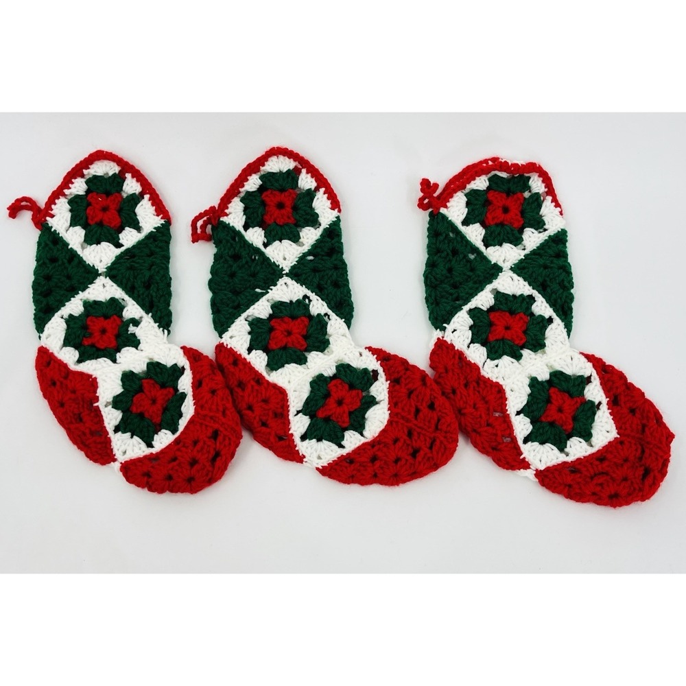 Vintage Crochet Granny Square Christmas Stockings Set of 3 Knit 14 Inches